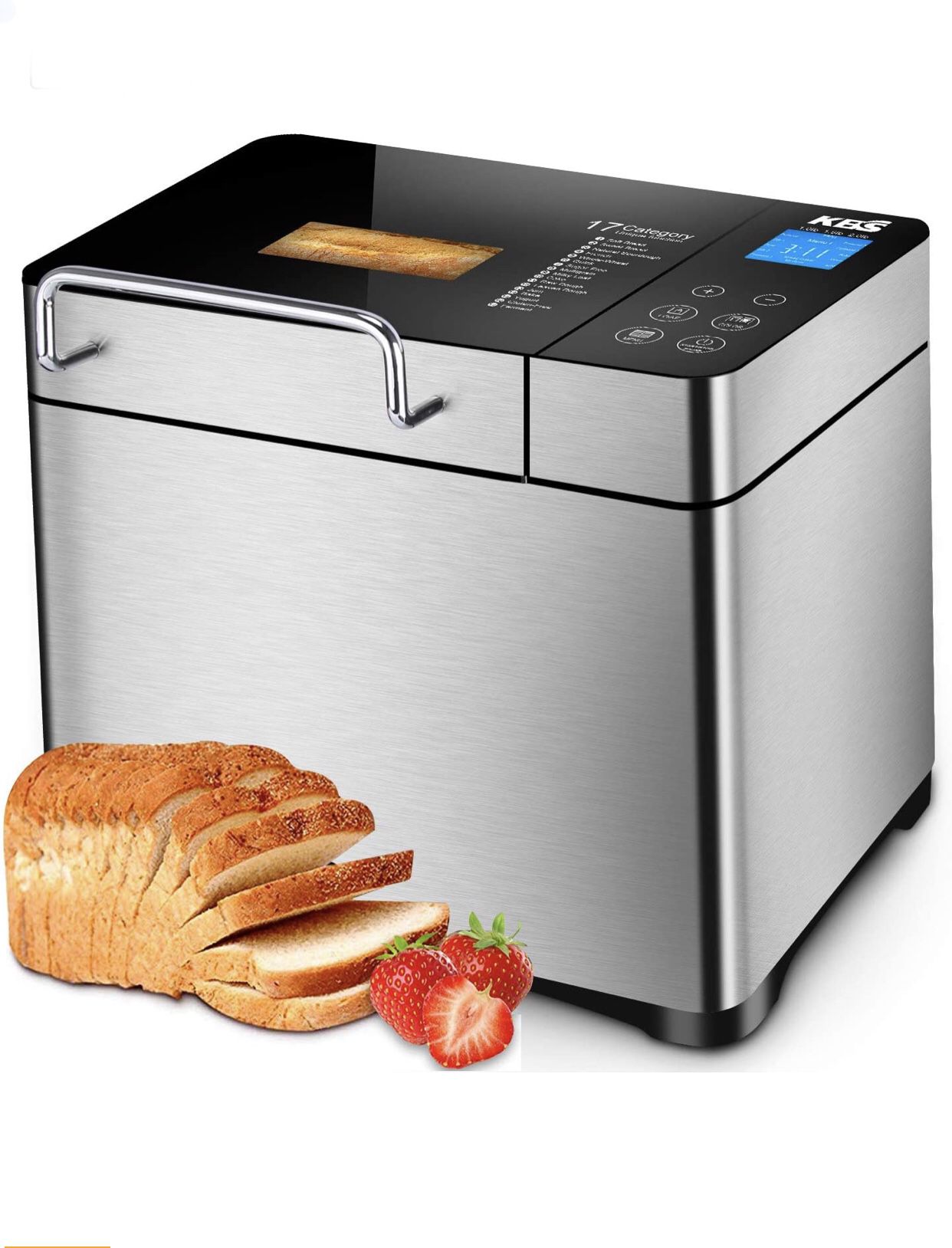 KBS Pro Stainless Steel Bread Machine, 2LB 17-in-1 Programmable XL Bread Maker with Fruit Nut Dispenser