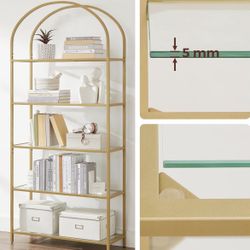 72 Inch 5 Tier Shelf, Tempered Glass Shelving Unit, Arched Design, Steel Construction, for Living Room, Working Bathroom, Golden Color LGT050A01