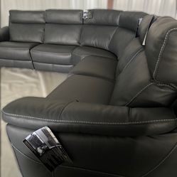 Grey Natuzzi Group Leather Power Reclining Sectional with Power Headrests 