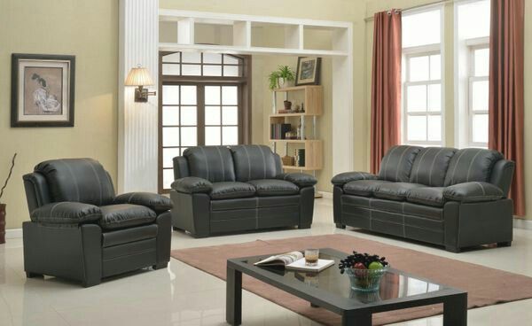 3pc black overstuffed leather sofa set