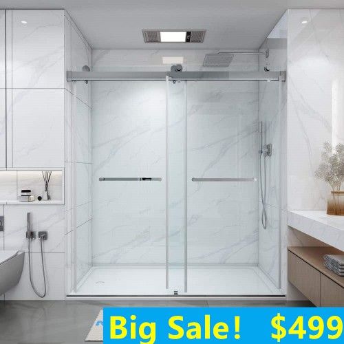60 in. W x 76 in. H Double Sliding Frameless Shower Door in Chrome with Soft-Closing and 3/8 in. Glass Clearance Sale