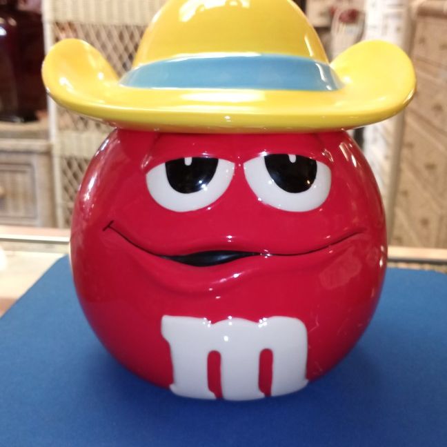 Red M&M Cookie Jar With Yellow Cowboy Hat