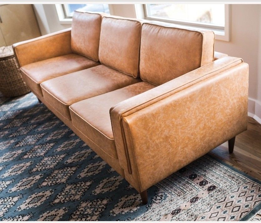 TAN VEGAN LEATHER LOVESEAT COUCH/SOFA (LIKE NEW)