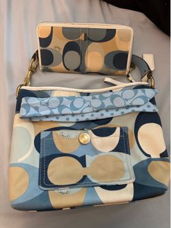 Vintage  Coach Park Op Art Scarf Print Hobo &  Op Art zip wallet / accordion wallet & Coach scarf 3 PIECE SET