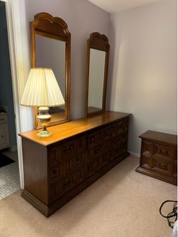 Dual arched mirror 9 drawer vintage brutalist style solid wood dresser
