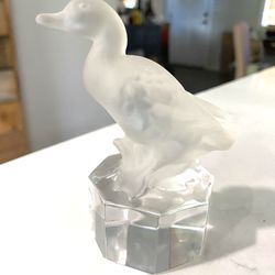 Goebel Signed Frosted Crystal Glass Duck On Clear Glass Octagon Base 