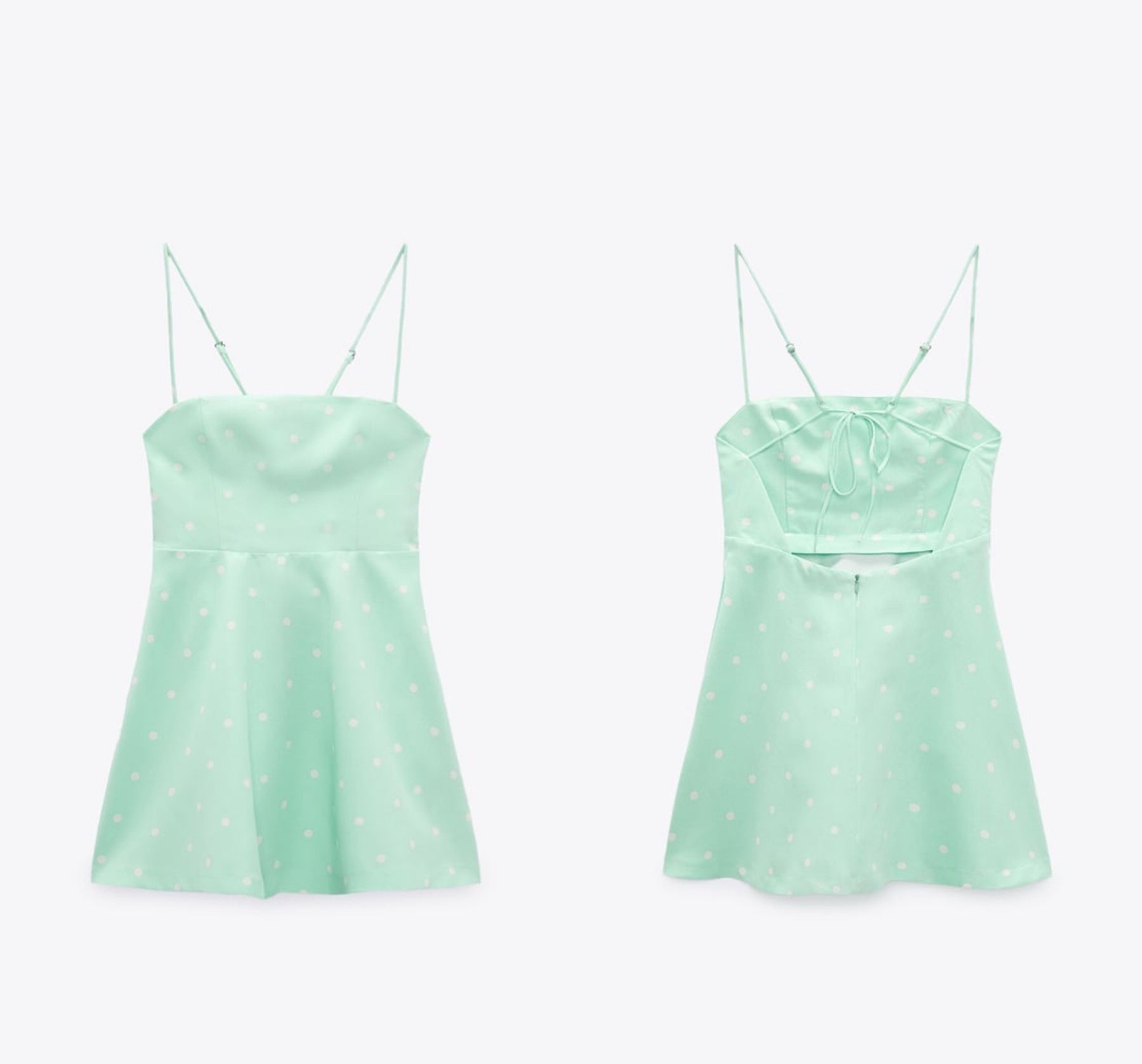 NWT Zara Green Linen Polka Dot w/ Pocket Straight Neckline Mini Dress S 4661/371