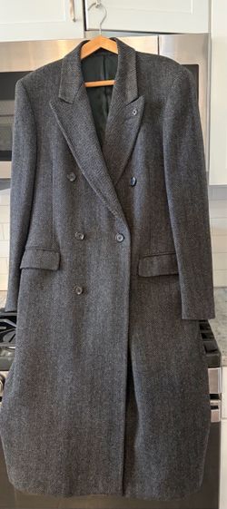 Gray Herringbone Double-Breasted Wool Overcoat