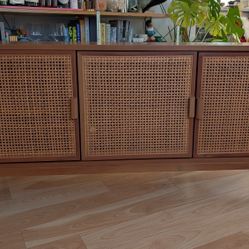 Wood and Rattan Credenza TV Stand For TVs Up To 55in