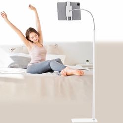 Tablet Floor Stand Holder with Flexible Gooseneck and Stable Base, Compatible with Tablet and Cell Phones (3.5''-9.7''), White