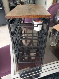 Coffee pods storage black metal wood top