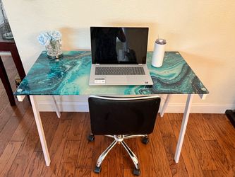 Glass Top Desk and Chair with Teal Marble Print