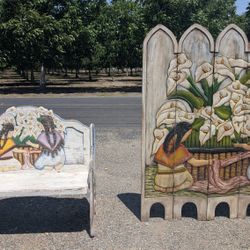 Matching Hand-Carved Wooden Mexican Bench & Room Divider Set – Floral & Folk Art Scene

