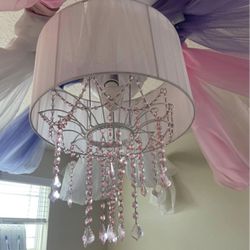 Pink And White girls around chandelier,  light fixture  bedroom, hanging crystals