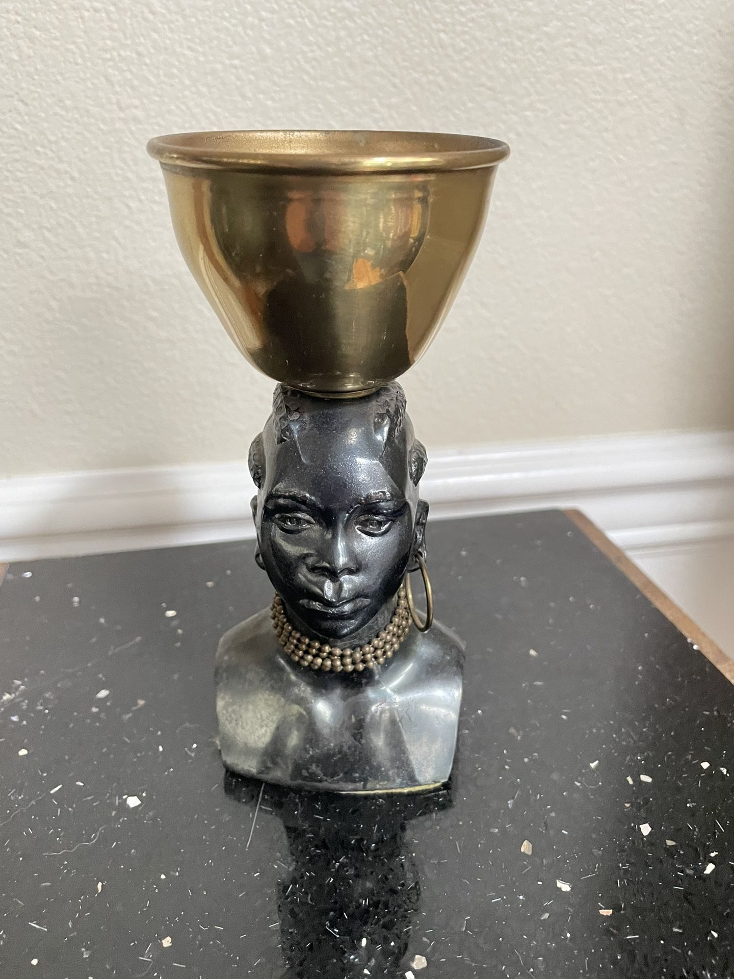 Vintage Art Deco African Woman Sculpture with a brass Bowl . Black Metal Nubian Woman. 6”