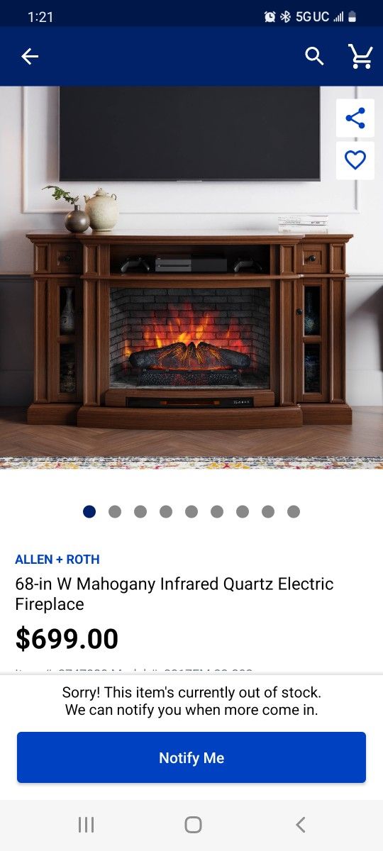 Allen + Roth 68-in W Mahogany Infrared Quartz Electric Fireplace