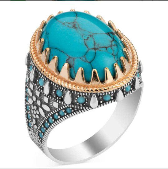 Size 10 Natural Turquoise Blue Stone Vintage Ring 925 Silver Plated For Men