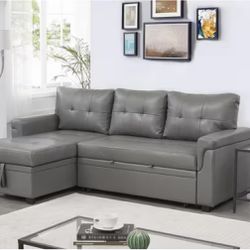 Grey Faux Leather Reversable Chaise Sectional Convertible Pullout Sleeper - New In Box