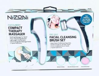 Brand New NIZONI FACE & BODY COMPACT THERAPY MASSAGER + PRO 360 FACIAL CLEANSING BRUSH SET is powered by 2 AA batteries, making it a portable, cordles