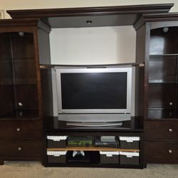 Large Dark Wood Entertainment Center with shelves and drawers Four Piece
