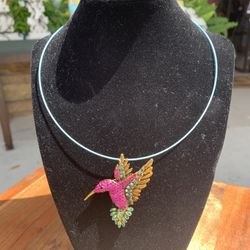 Rhinestone Hummingbird Brooch & Necklace 