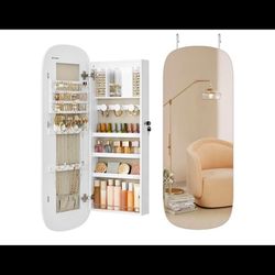 SONGMICS Jewelry Organizer, LED Jewelry Cabinet Wall/Door Mounted, Lockable Rounded Wide Mirror with