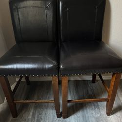 Pair of Dark Brown Leather Counter Stools with Nailhead Trim (Set of 2)