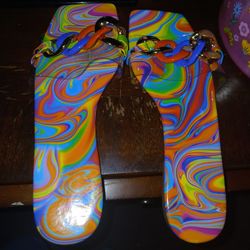Women's Rainbow Marble Print Chain Flat Sandals 