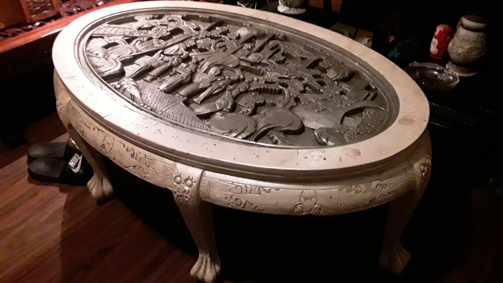 Antique hand carved Asian wooden coffee table amazing detail and missing the glass only asking 6:40 negotiable to sell