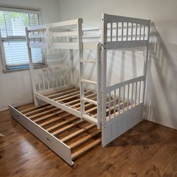 Twin Over Twin Bunk Bed with Twin Trundle Solid Wood Frame White Good Condition