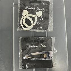 New White Geometric Dangle Earrings & Marble Resin Hair Clip Lot of 2