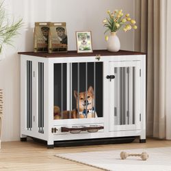 Dog Crate Furniture, Dog Kennel Indoor Foldable and Portable, Sturdy Wooden Dog Crate End Table Easy Assembly with 360° Rotating Feeder and Detachable