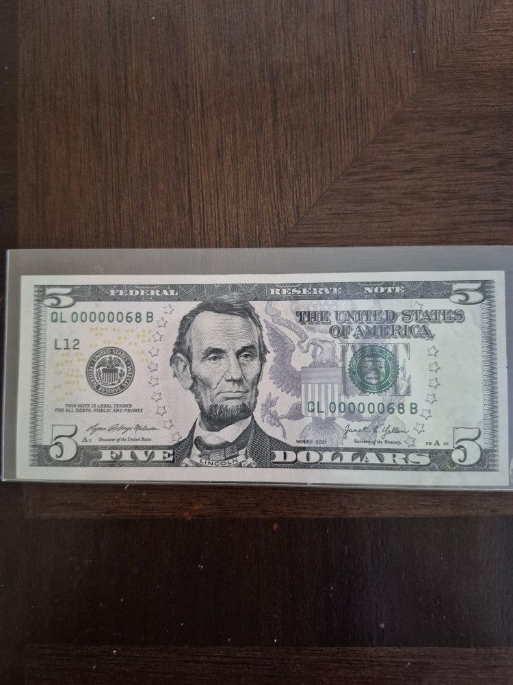 BILLETE DE $5.00 DOLLARS SERIE COLECCIONABLE FANCY SERIAL LOW