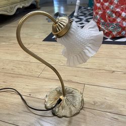 Vintage Lily Pad Lamp Brass Frosted Glass Shade Art Nouveau, Mid Century Lamp