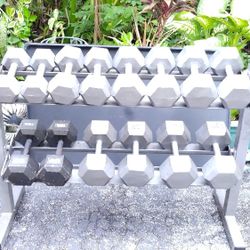 FULL SET OF STEEL DUMBBELLS & STRONG SPACE SAVING RACK : (PAIRS OF) :  20s  25s 30s 35s  40s 45s 50s 