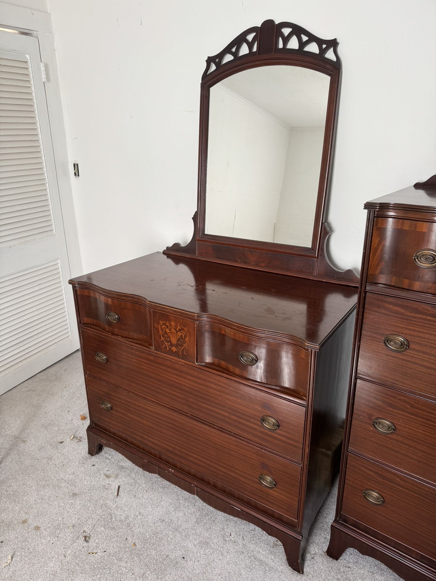 Antique Mahogany Inlay Dresser With Mirror And Chest