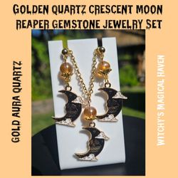 Golden Quartz Crescent Moon Reaper Gemstone Jewelry Set 