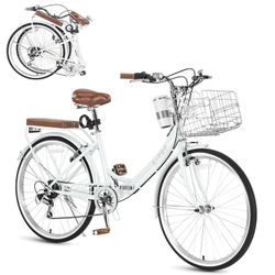 Folding Ladies 26inch Beach Cruiser Bicycle，White