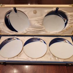 Vintage Japanese Fukagawa Arita Porcelain Plate Case Set of 5 Blue & White Plates