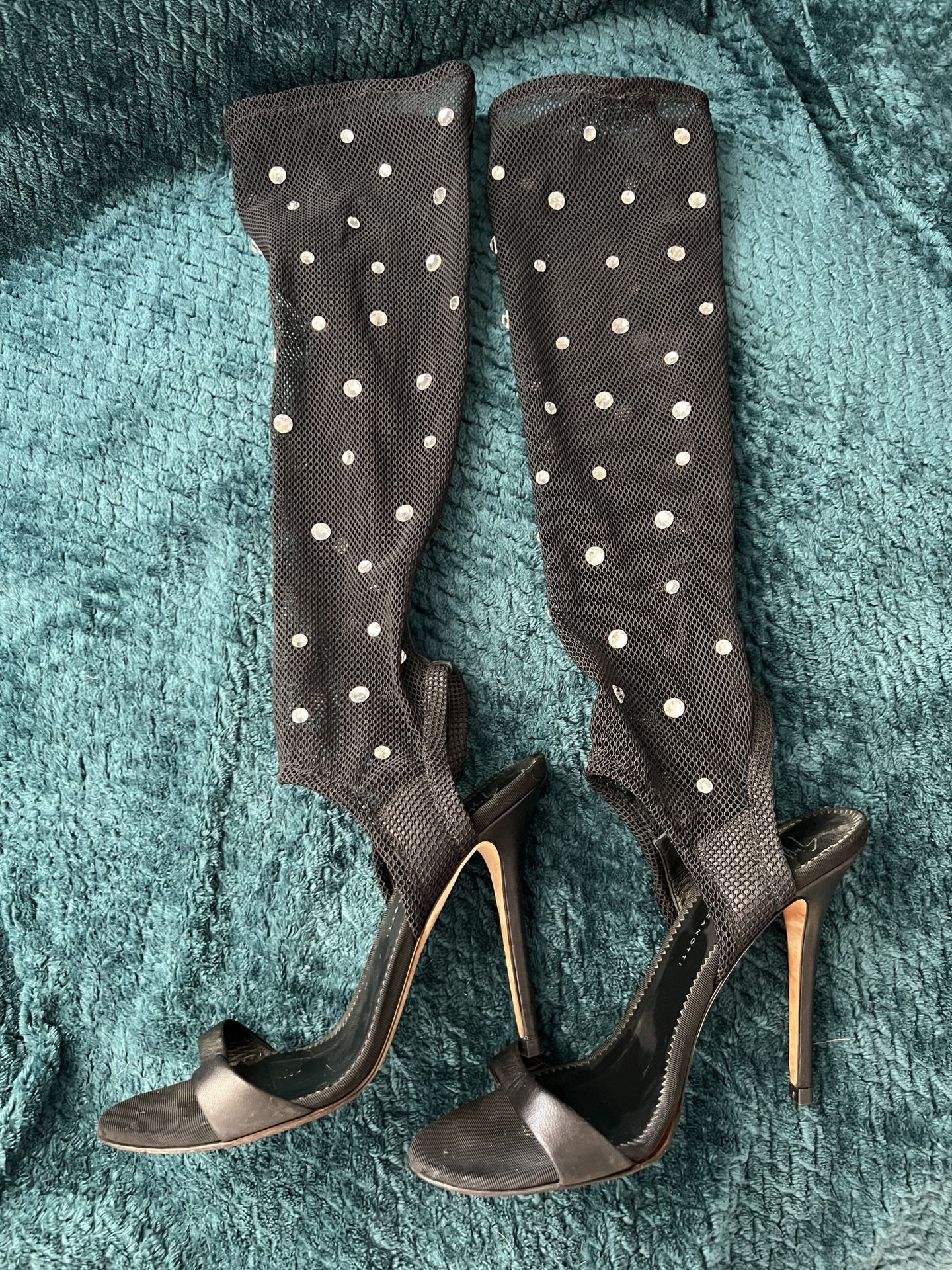 Giuseppe Zanotti black fishnet Crystal knee length sandal boots