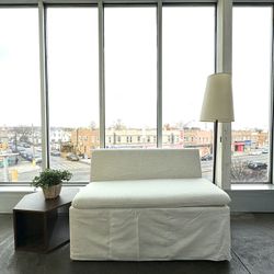 Callie Single Storage Banquette Midcentury Modern Minimalist Beige Fabric Sofa Couch Chair Bench