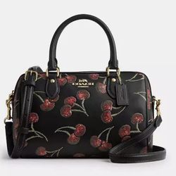 Coach Rowan Satchel Bag With Cherry Print Medium Black Leather crossbody - NWOT