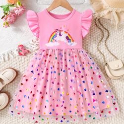 Cute Pink Unicorn Cartoon Print Dress with Ruffle Detail and Tulle Skirt 