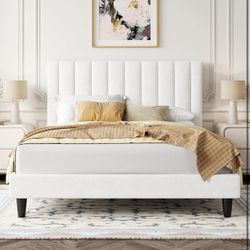 Queen Bed Frame/Velvet Upholstered Bed Frame with Vertical Channel /White A-4