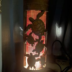 Vintage Table Lamp Hand Carved From Maui Hawaii 70s Tiki Bohemian Turtles