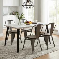Homy Casa STAN+KRICOX 5PC Dining Set 63" White Marble Table with 4 KRICOX Silver Wood Dining Chairs Open Box