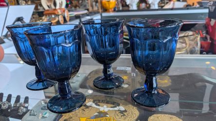 Vintage Cobalt Blue Glass Goblets Set Of Four Footed Drinkware Decor Collectible
