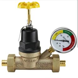 PEX Water Pressure Regulator 3/4 Inch Bronze Double Union with Pressure Gauge 15-75 PSI