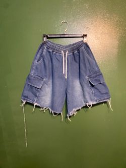 Y2K Baggy Distressed Denim Cargo Shorts Elastic Waist Drawstring Jorts