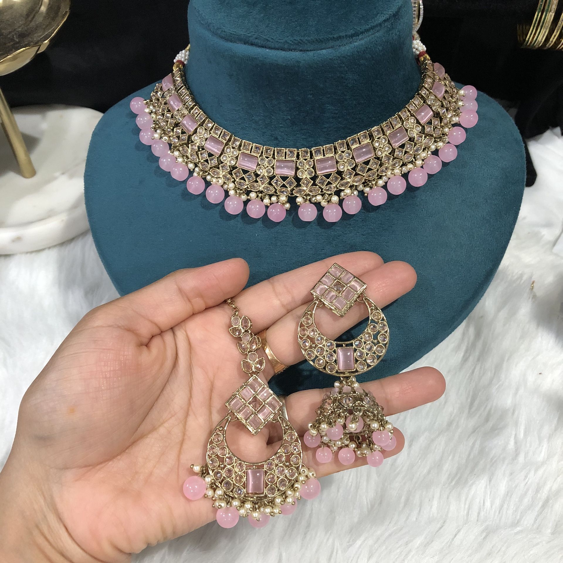 Polki Pink Necklace Choker Indian Jewelry Jewellery Jhumka Jhumki Tikka